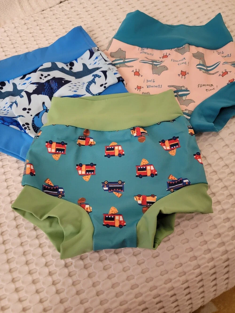Kids Swim Training Pants - Teal with Green Trim, Fire Truck Print